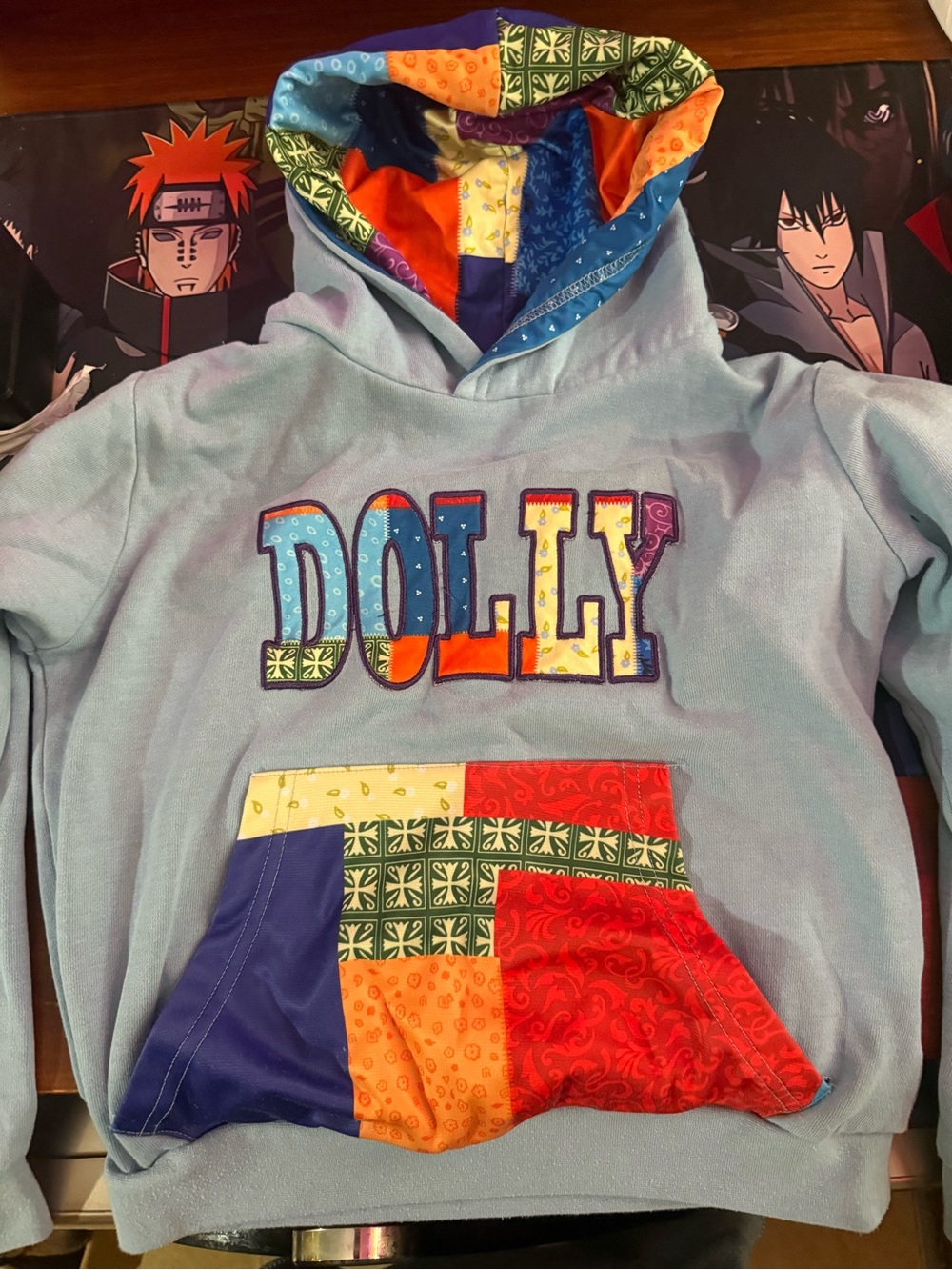 Girls Dolly Parton Coat of Many Colors Patchwork Hoodie Women’s Small Blue Boho